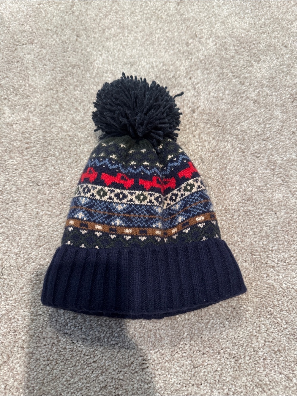 Baby Pom Pom Knit Beanie Hat - Navy with Red and Multicolor Fair Isle